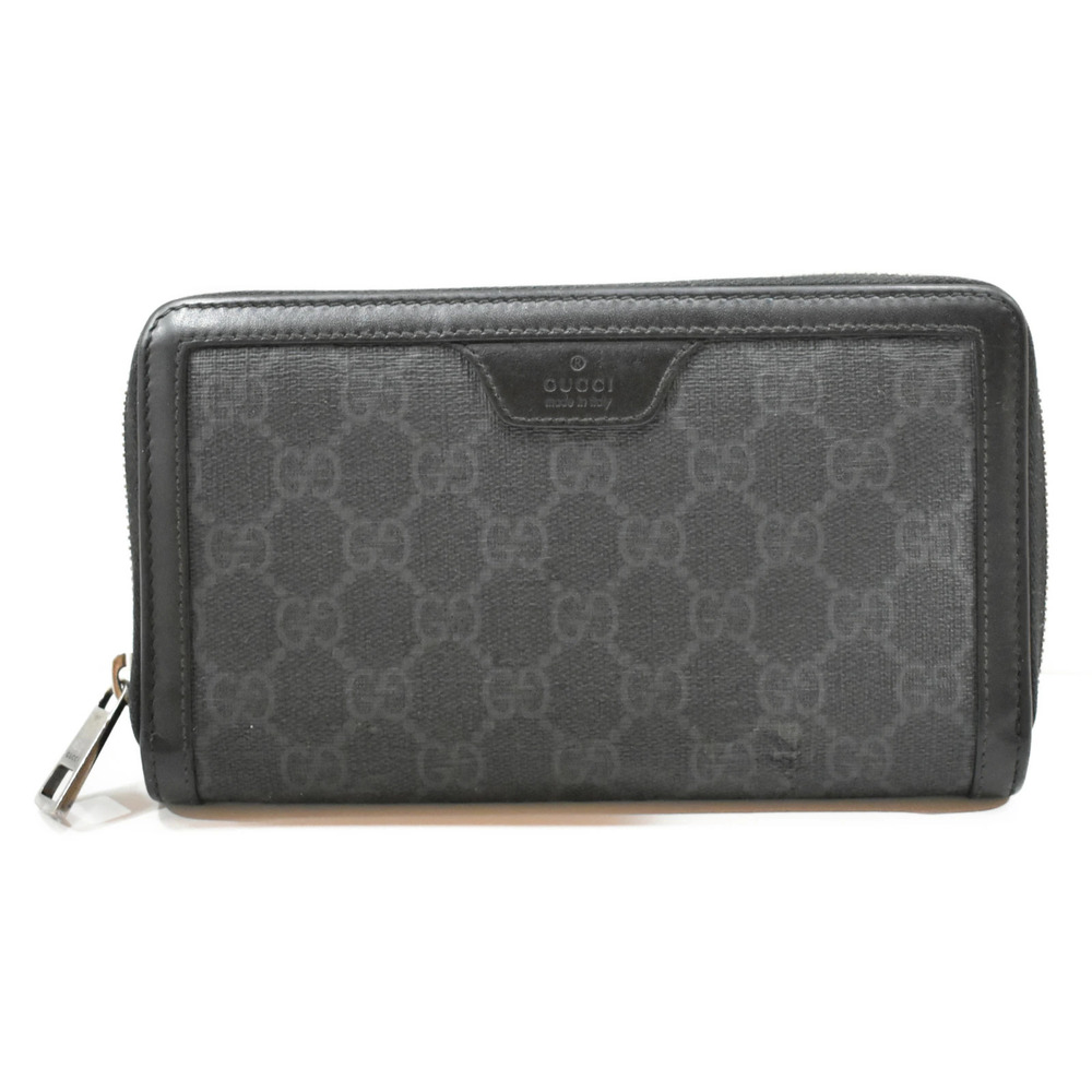 GUCCI GG Supreme Zip Around Wallet Black Gray Leather Long